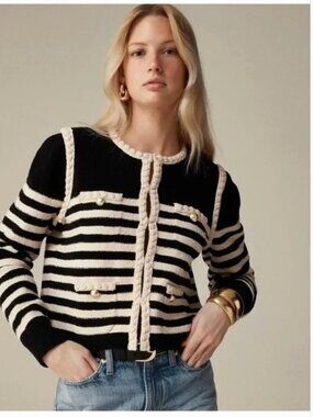 J. Crew Black and Cream Odette Striped Bouclé Braided-Trim Cardigan